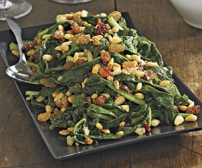 Photo Credit http://www.finecooking.com/recipes/sauteed-spinach-golden-raisins-pine-nuts-breadcrumbs.aspx